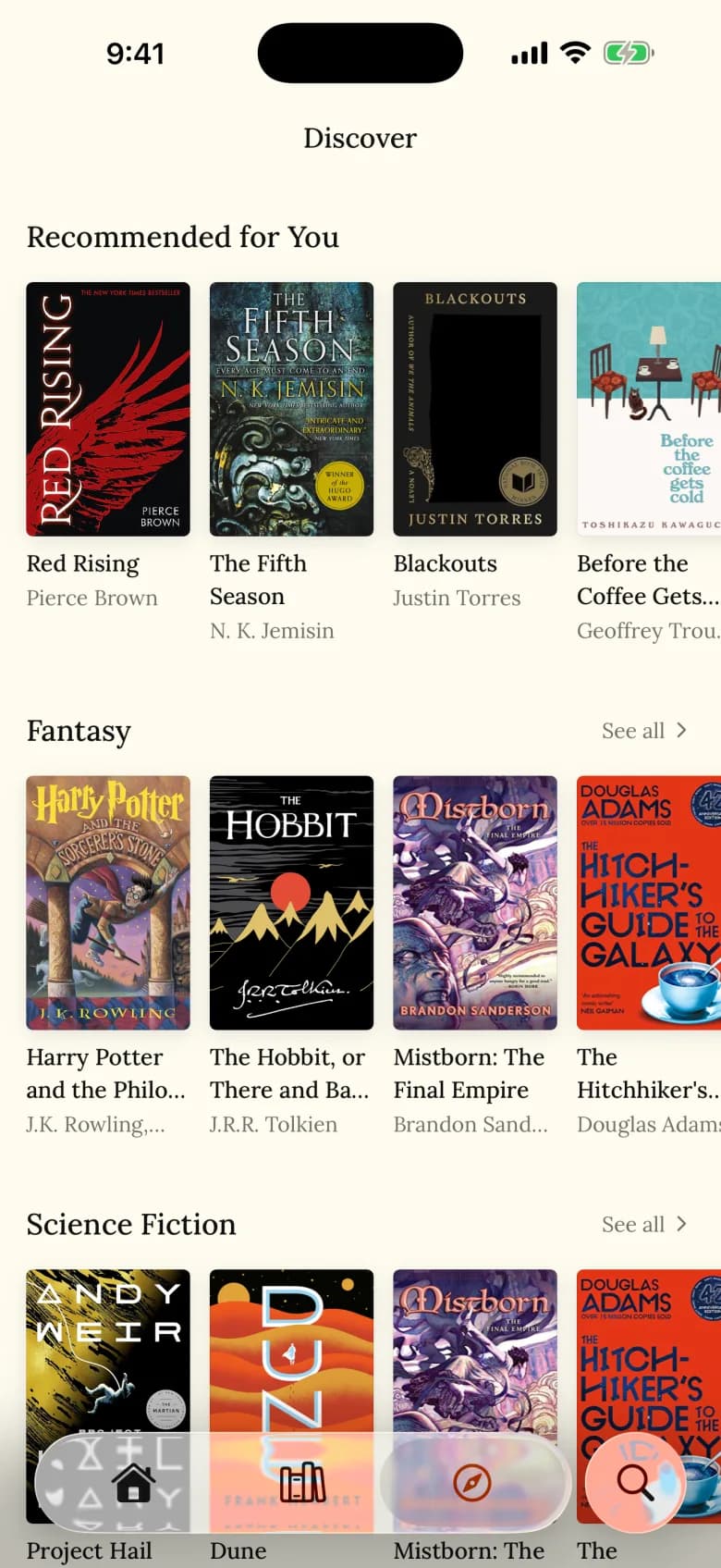 Readr discover tab with recommendations