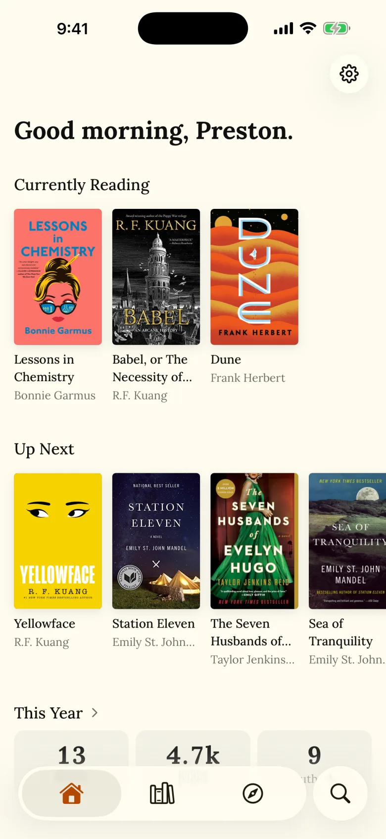 Readr home screen showing currently reading and up next